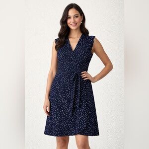 41 Hawthorn | Navy Blue Polka Dot Scalloped Wrap Dress | Size Small